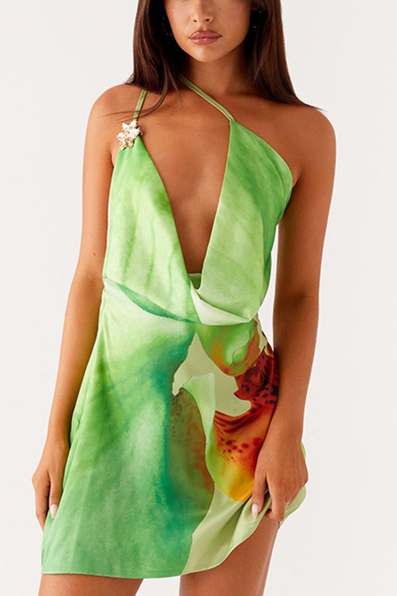 Abstract Print Satin Asymmetrical One Shoulder Draped Cowl Neck Mini Dress