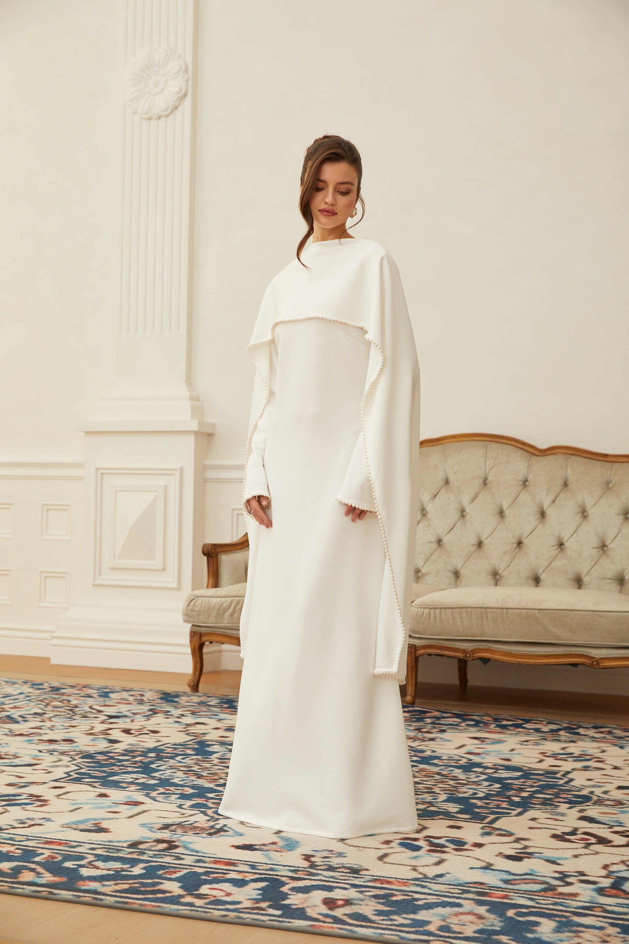 Piroska White Pearl Trim Shawl Detail Maxi Dress