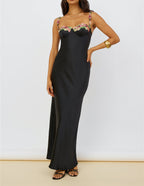 Floral Embroidered Bustier Spaghetti Strap Satin Column Maxi Gown