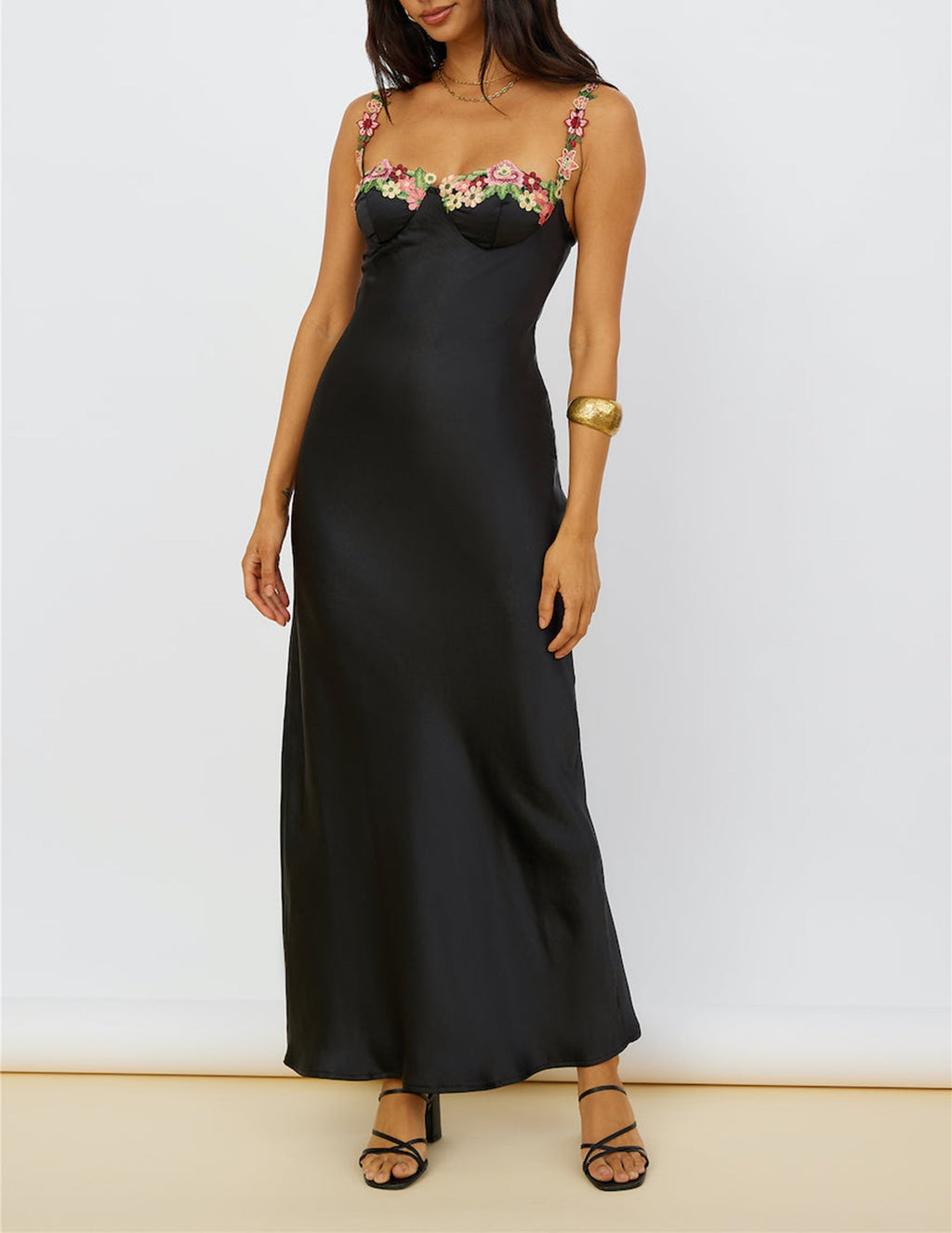 Floral Embroidered Bustier Spaghetti Strap Satin Column Maxi Gown