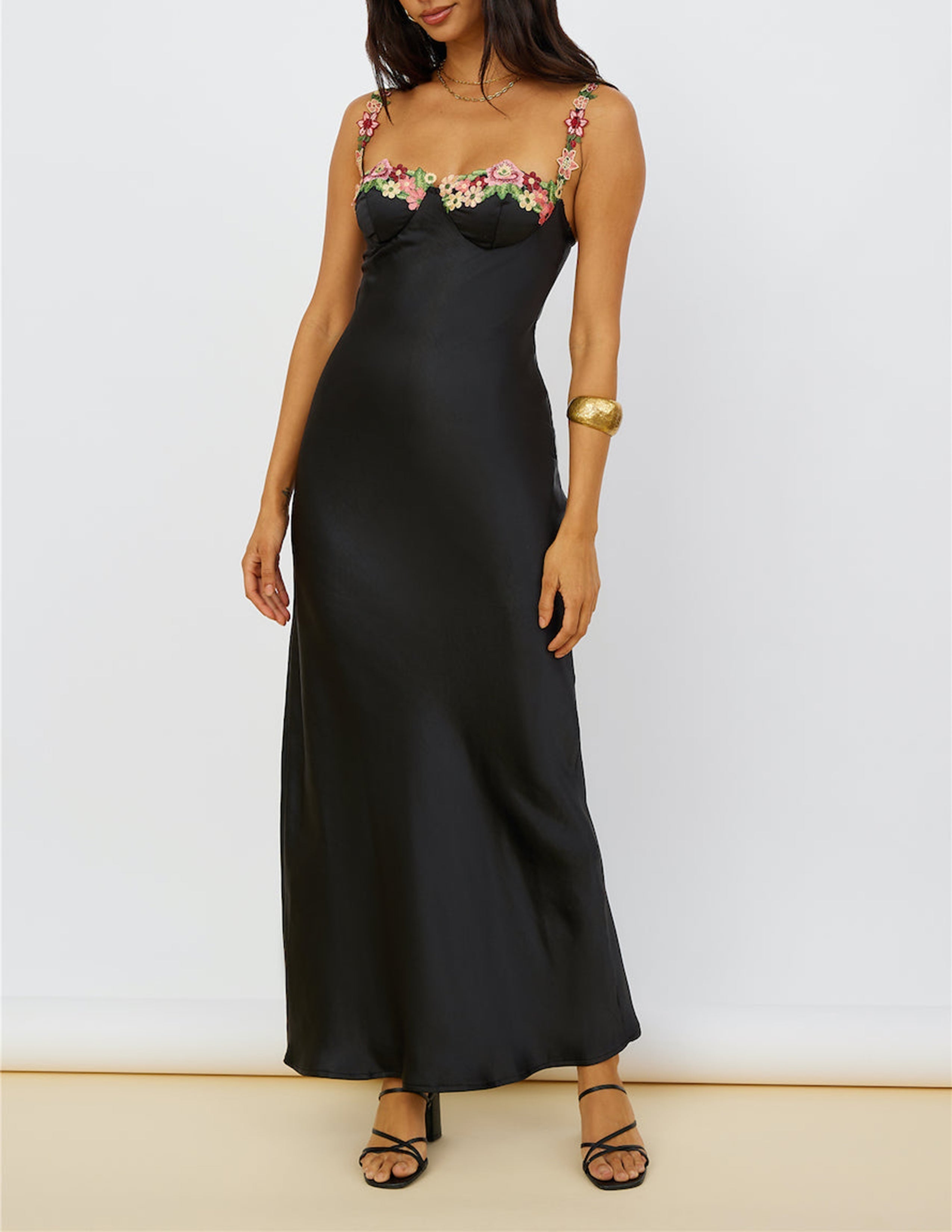 Floral Embroidered Bustier Spaghetti Strap Satin Column Maxi Gown