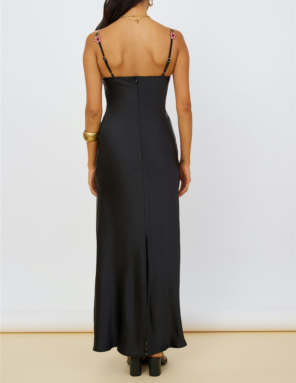 Floral Embroidered Bustier Spaghetti Strap Satin Column Maxi Gown
