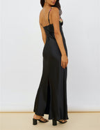 Floral Embroidered Bustier Spaghetti Strap Satin Column Maxi Gown