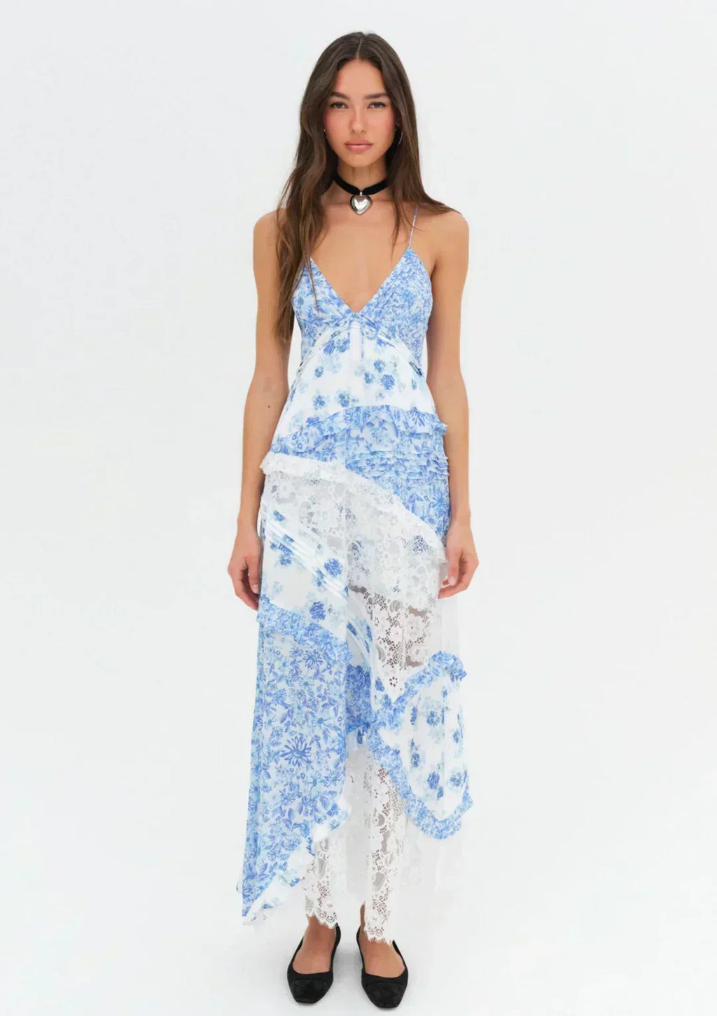 Floral Lace Patchwork Tiered Ruffle Handkerchief Hem Maxi Dress