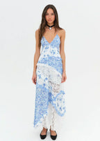 Floral Lace Patchwork Tiered Ruffle Handkerchief Hem Maxi Dress