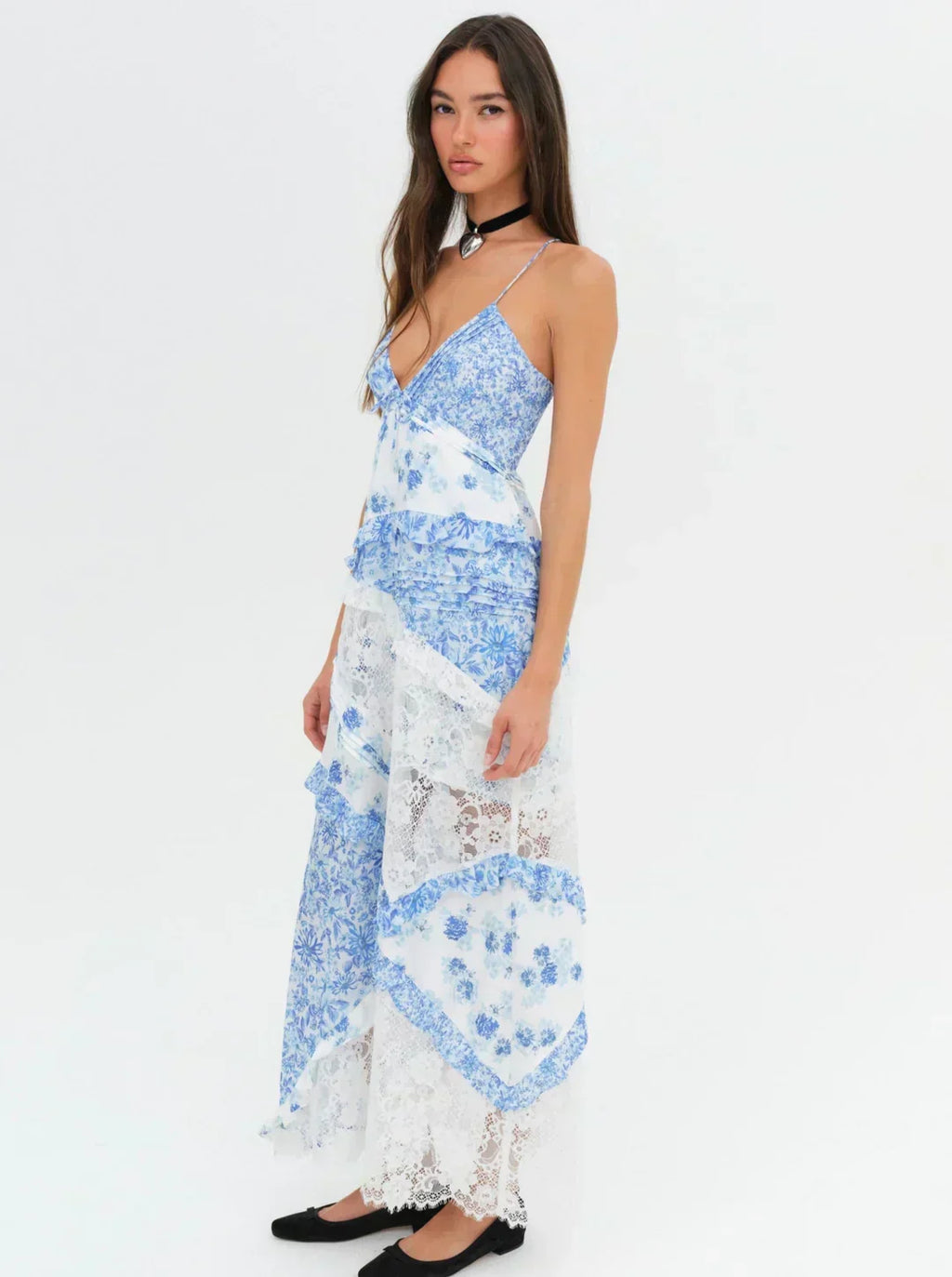 Floral Lace Patchwork Tiered Ruffle Handkerchief Hem Maxi Dress