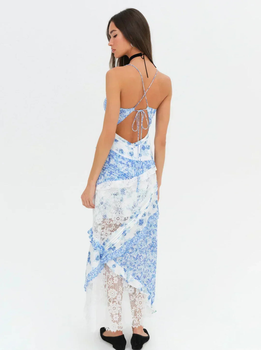 Floral Lace Patchwork Tiered Ruffle Handkerchief Hem Maxi Dress