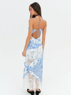 Floral Lace Patchwork Tiered Ruffle Handkerchief Hem Maxi Dress