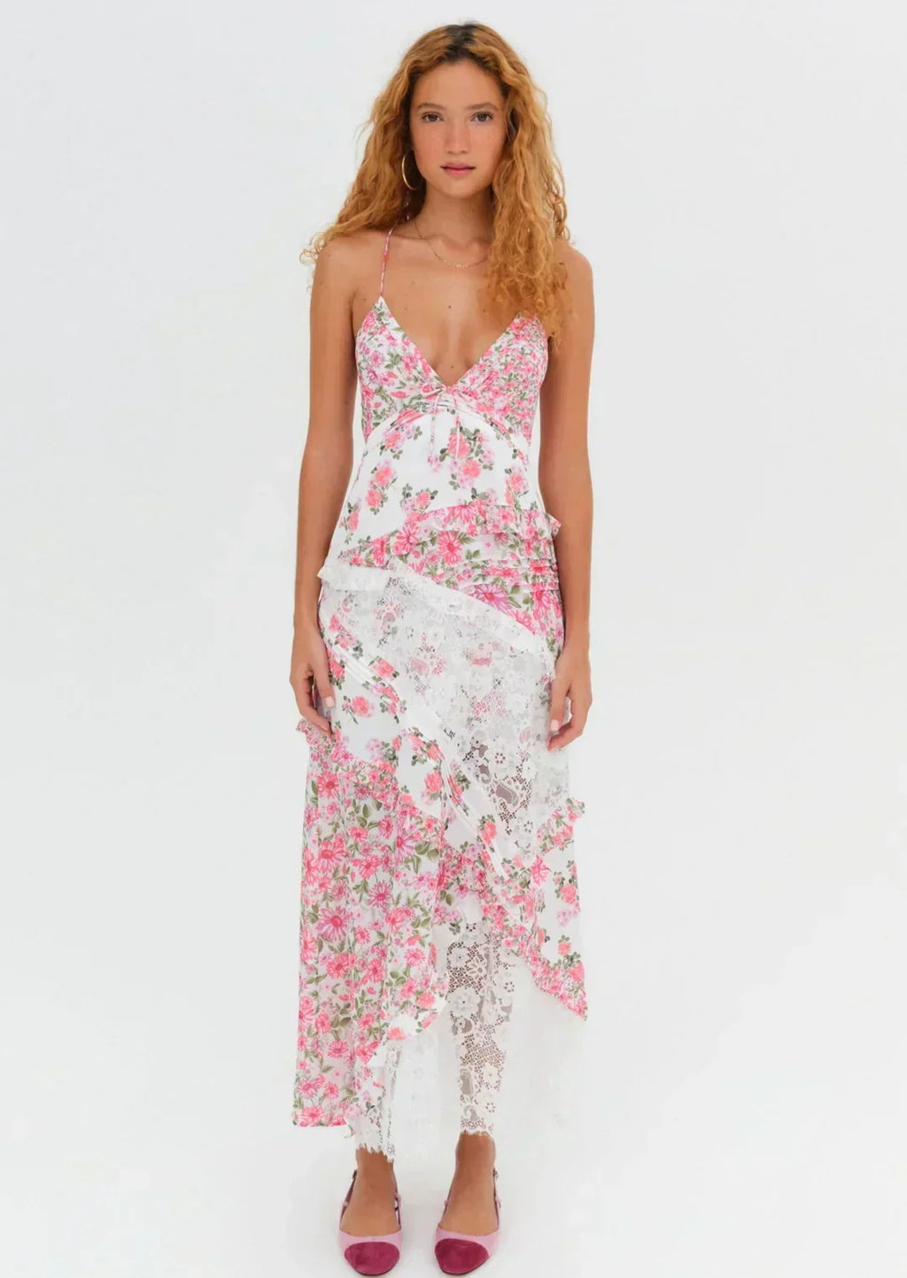 Floral Lace Patchwork Tiered Ruffle Handkerchief Hem Maxi Dress