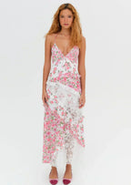 Floral Lace Patchwork Tiered Ruffle Handkerchief Hem Maxi Dress