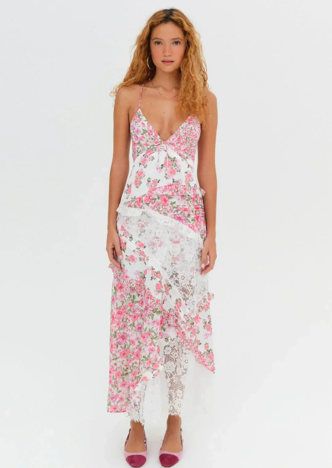 Floral Lace Patchwork Tiered Ruffle Handkerchief Hem Maxi Dress