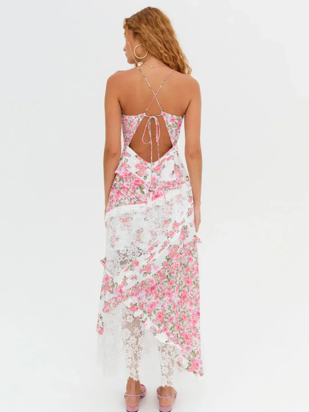 Floral Lace Patchwork Tiered Ruffle Handkerchief Hem Maxi Dress