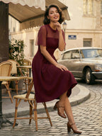 Mesh Patchwork Sheer Sleeve Round Neck Elegant Party Flare Dress For Women 2026