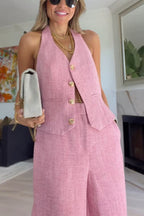 City Outfit Linen Blend Metal Button Halter Vest and Pocket Wide Leg Pants Set