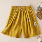 5-Color Thin Retro Daisy Embroidered Casual Shorts