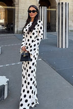 Polka Dot Bell Sleeve Crew Neck Bodycon Maxi Dress