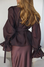 Graceful Party Tulle Knotted Long Sleeve Kimono Top and Satin Slip Midi Dress Set