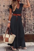 Eyelet Embroidery V-Neck Tiered Lace Hem Cap Sleeve Maxi Dress