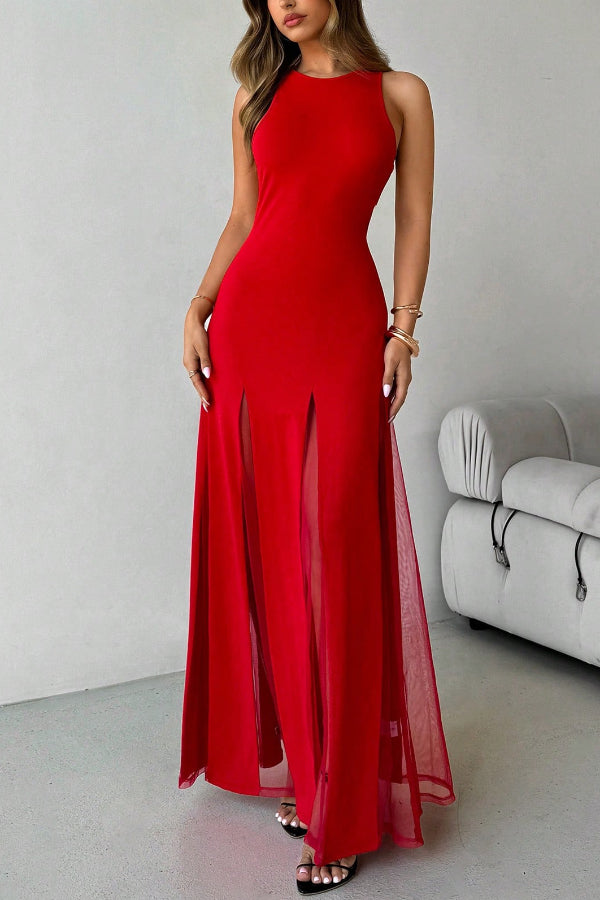 Solid Color Round Neck Sleeveless Slim Fit Sheer Patchwork Hem Maxi Dress