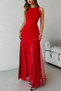 Solid Color Round Neck Sleeveless Slim Fit Sheer Patchwork Hem Maxi Dress