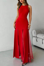 Solid Color Round Neck Sleeveless Slim Fit Sheer Patchwork Hem Maxi Dress