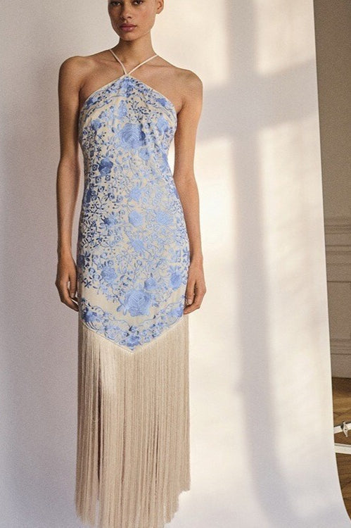 Floral Jacquard Halter Neck Fringe Hem Maxi Dress