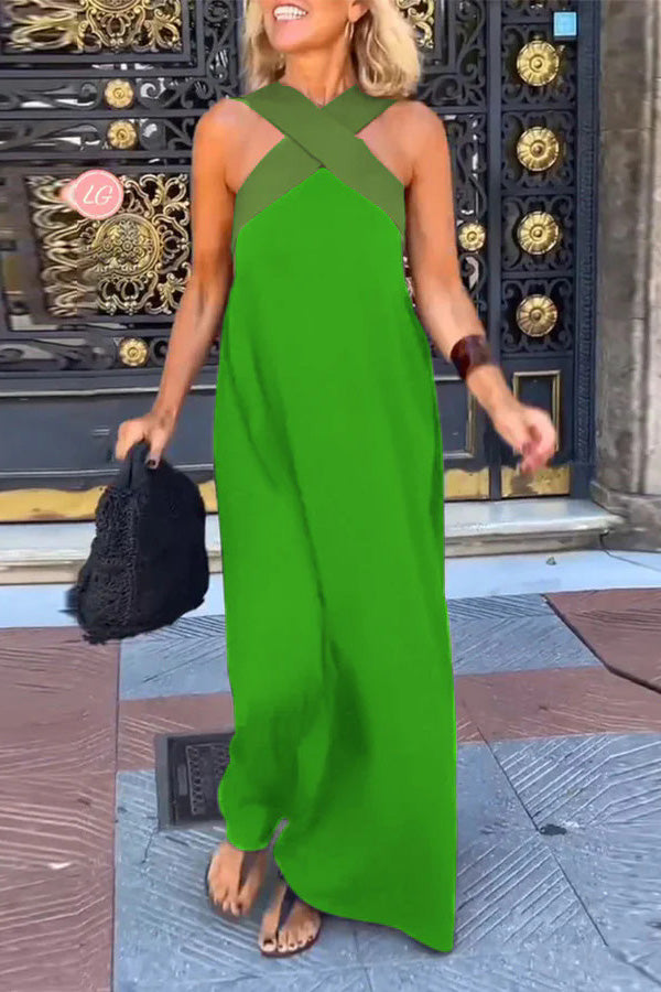 Halter Neck Mesh Illusion Panel Flowy Maxi Dress