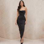 Strapless Cowl Neck Ruched Drape High Slit Satin Maxi Gown
