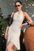 White Cowl Neck Halter Polka Dot Asymmetrical Hem Midi Dress