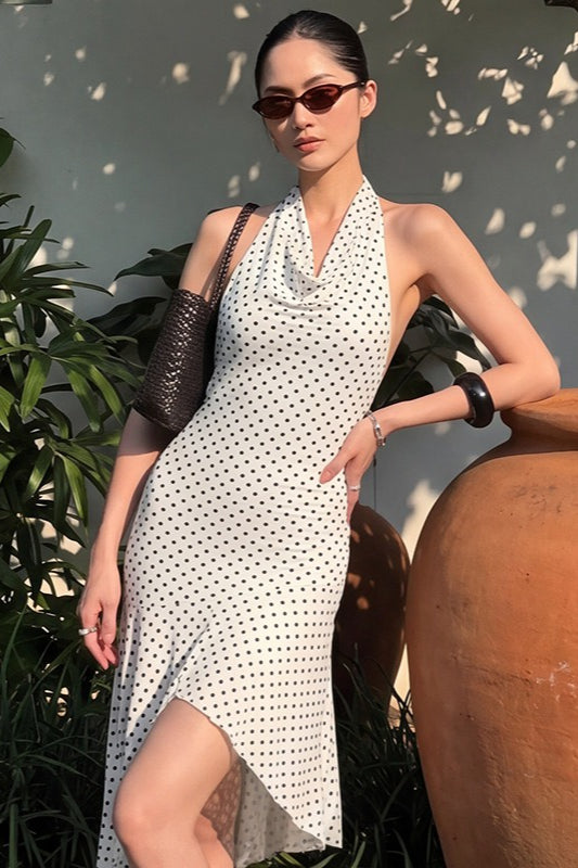 White Cowl Neck Halter Polka Dot Asymmetrical Hem Midi Dress