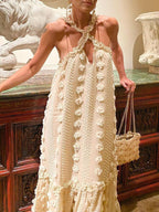 Cross-Front Halter 3D Floral Applique Tiered Ruffle Maxi Dress