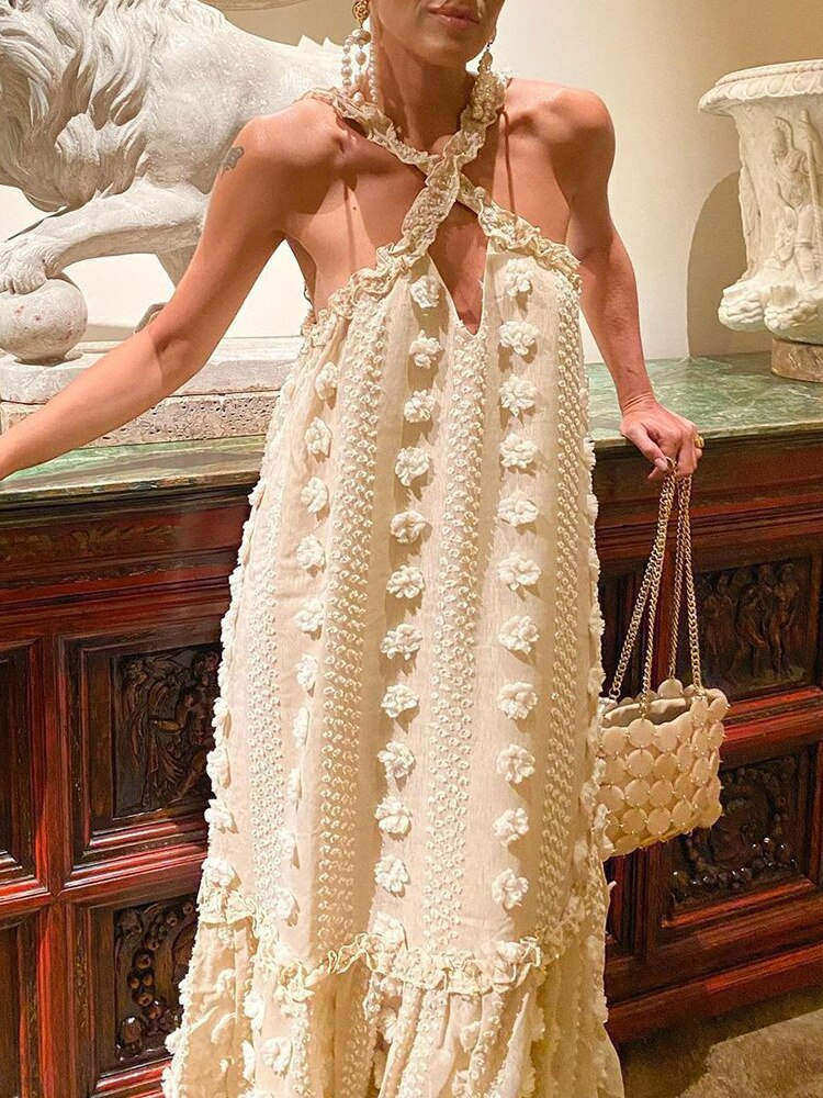 Cross-Front Halter 3D Floral Applique Tiered Ruffle Maxi Dress