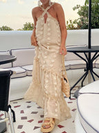 Cross-Front Halter 3D Floral Applique Tiered Ruffle Maxi Dress