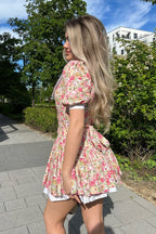 Pink Peter Pan Collar Puff Sleeve Button Front Pleated Ruffle Hem Floral Print Mini Dress