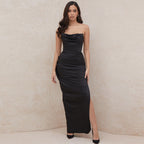 Strapless Cowl Neck Ruched Drape High Slit Satin Maxi Gown