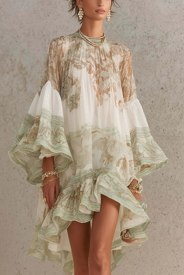 Mini Dress with Flared Sleeves and Printed Ruffles