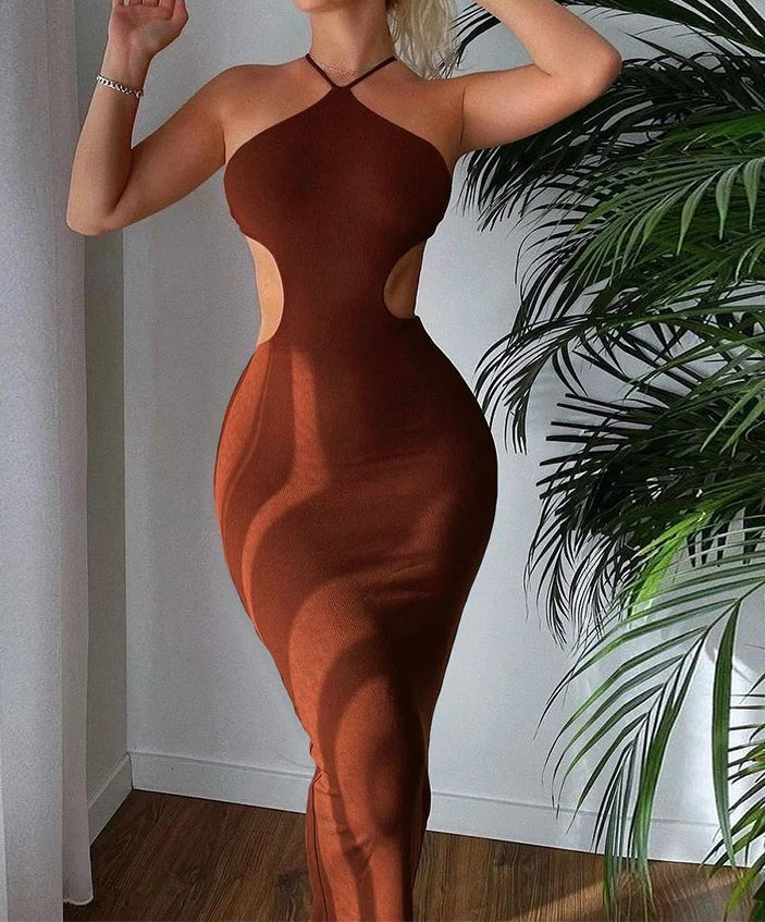 Halter Neck Ribbed Knit Side Waist Cutout Bodycon Maxi Dress