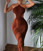 Halter Neck Ribbed Knit Side Waist Cutout Bodycon Maxi Dress