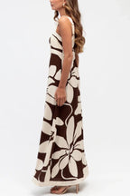 Color-blocked Floral Print Square Neck Sleeveless Casual Maxi Dress