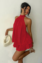 Backless Halter Tie Waist Ruffled Bodycon Mini Dress