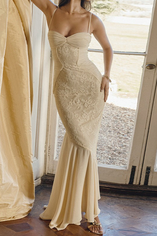 Beige Lace Ruffle Slip Maxi Dress