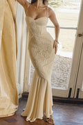 Beige Lace Ruffle Slip Maxi Dress