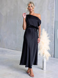Solid Color One-shoulder Sleeveless Belted Casual Maxi Dress