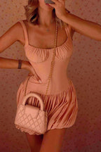 Ruched Bustier Wide Strap Bubble Hem Pleated Mini Dress