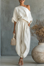 Solid Color Off-shoulder Loose Top and Elastic Waist Casual Pocket Wide-leg Pants Set