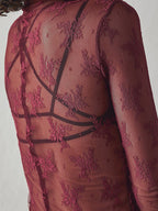 Solid See Through Lace Mock Neck Long Sleeve Tee