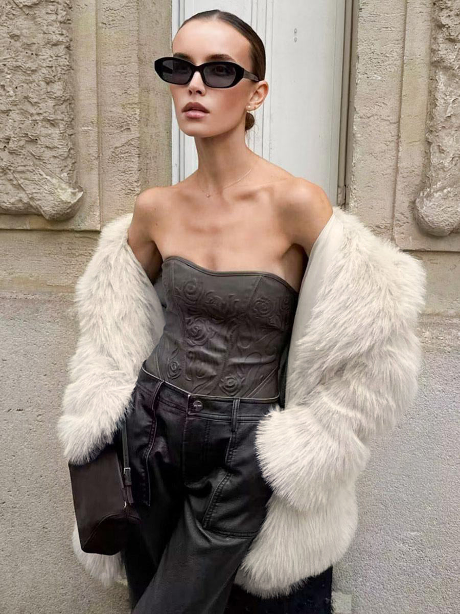 White Faux Fur Midi Coat Notched Lapel Winter Eco-friendly Long Jacket For Women 2026