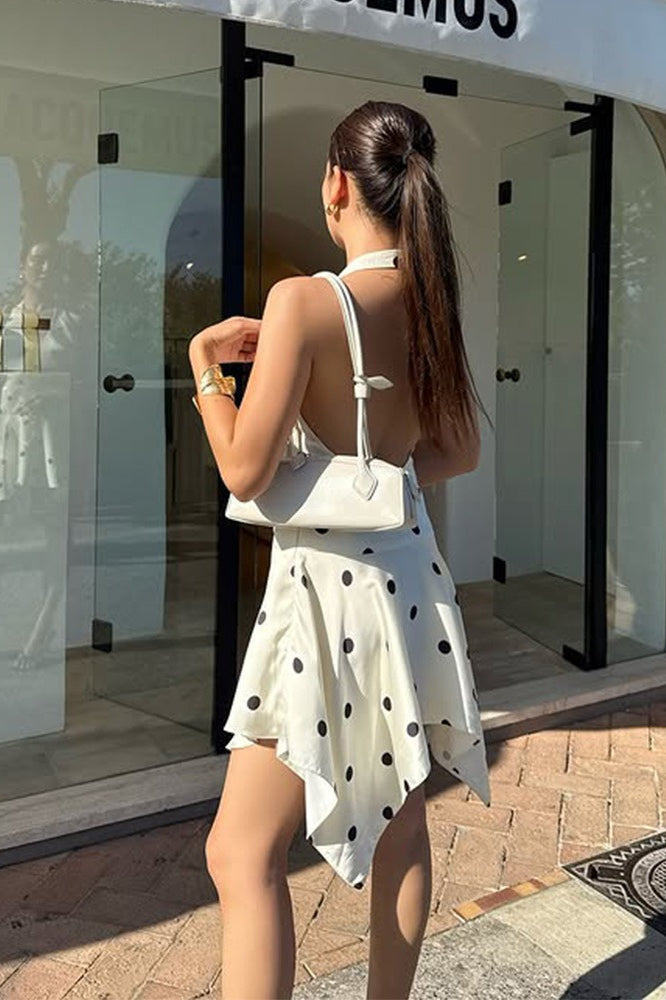 Polka Dot Halter V-Neck Backless Handkerchief Hem Ruffle Mini Dress