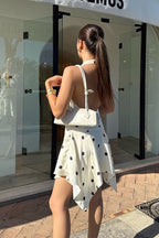 Polka Dot Halter V-Neck Backless Handkerchief Hem Ruffle Mini Dress