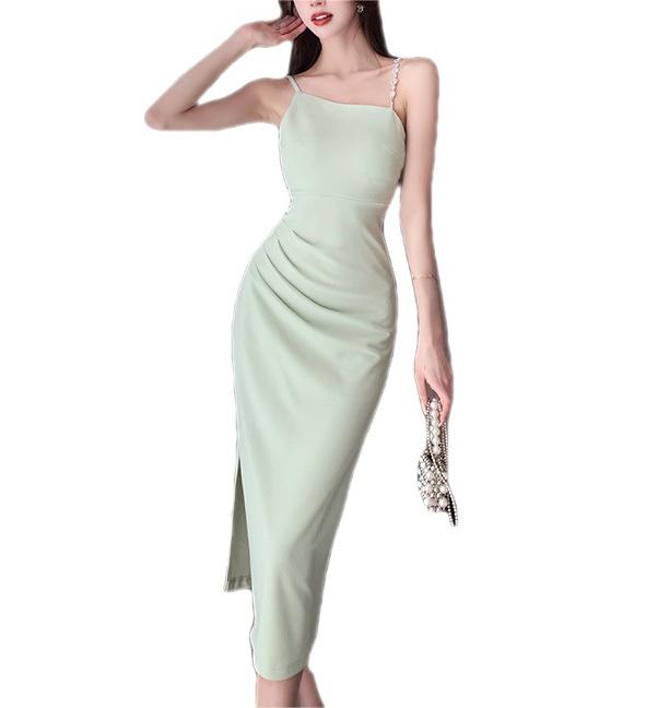Asymmetric Pearl Strap Ruched Side Slit Bodycon Midi Dress